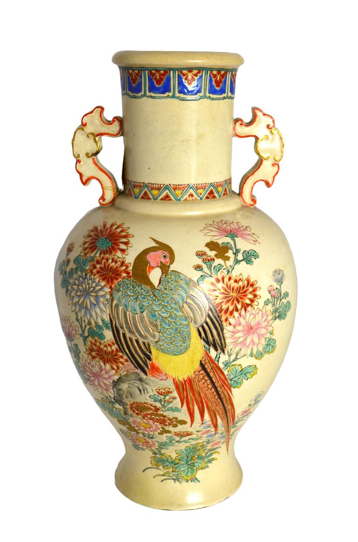 LARGE EARTHENWARE VASE (SATSUMA STYLE) , JAPANESE: LARGE EARTHENWARE VASE (SATSUMA STYLE) JAPANESE,20TH CENTURYOf ovoid form tapering to the foot and rising to a straight neck mounted with two stylized handles, painted on one side with a phoenix amid