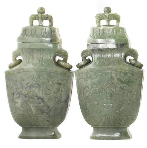 FINE PAIR OF GREEN JADE VASES AND COVERS, CHINESE Aug 27, 2015 A.B