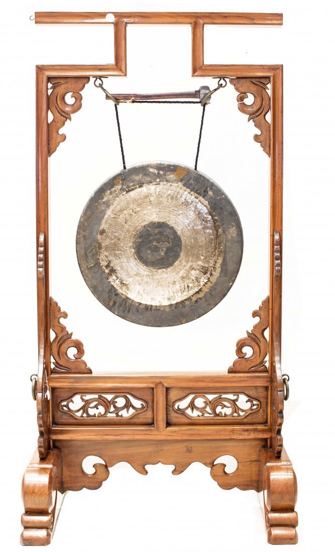 CHINESE METAL GONG w/ CARVED JIMU WOOD STAND (1 of 2)