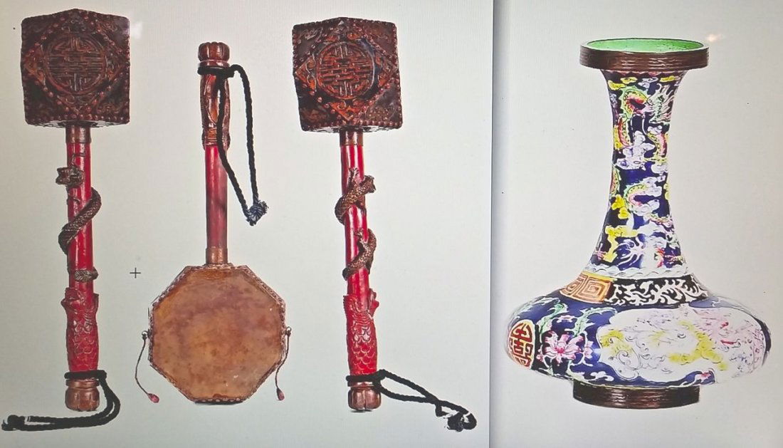 3 CHINESE PTD. & CARVED WOOD /VELLUM RATTLE DRUMS (1 of 4)