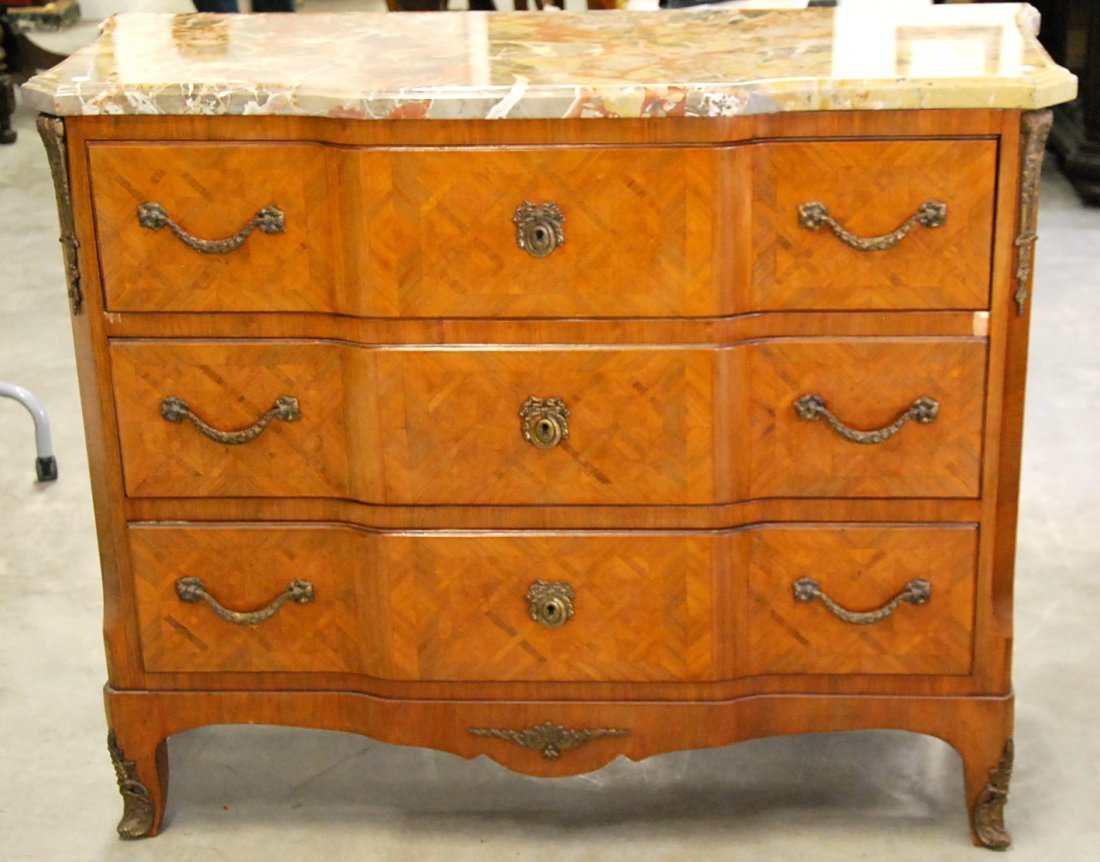 LOUIS XV/XVI STYLE MARBLE-TOP TULIPWOOD COMMODE (1 of 6)
