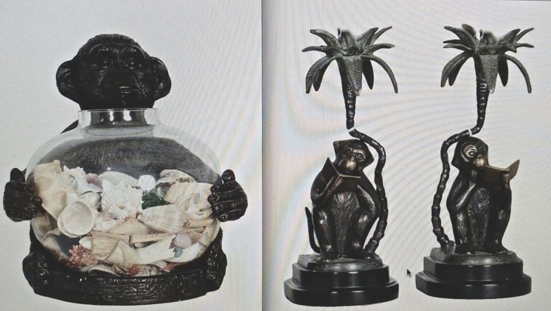 PR BRONZE CANDLESTICKS OF MONKEYS AND A WOOD MONKEY (1 of 3)