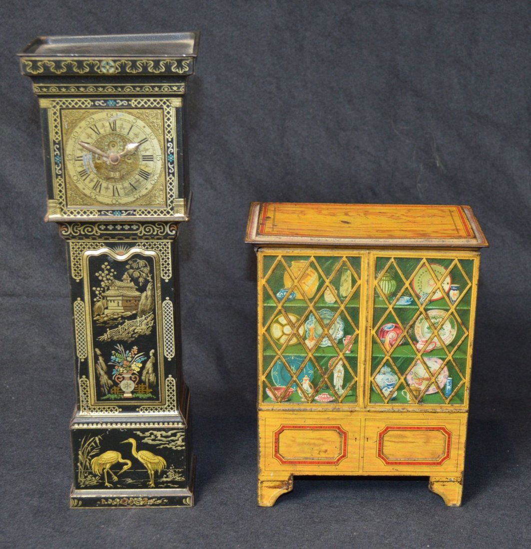 TWO H & P BISCUIT TINS, GRANDFATHER CLOCK & CABINET (1 of 9)