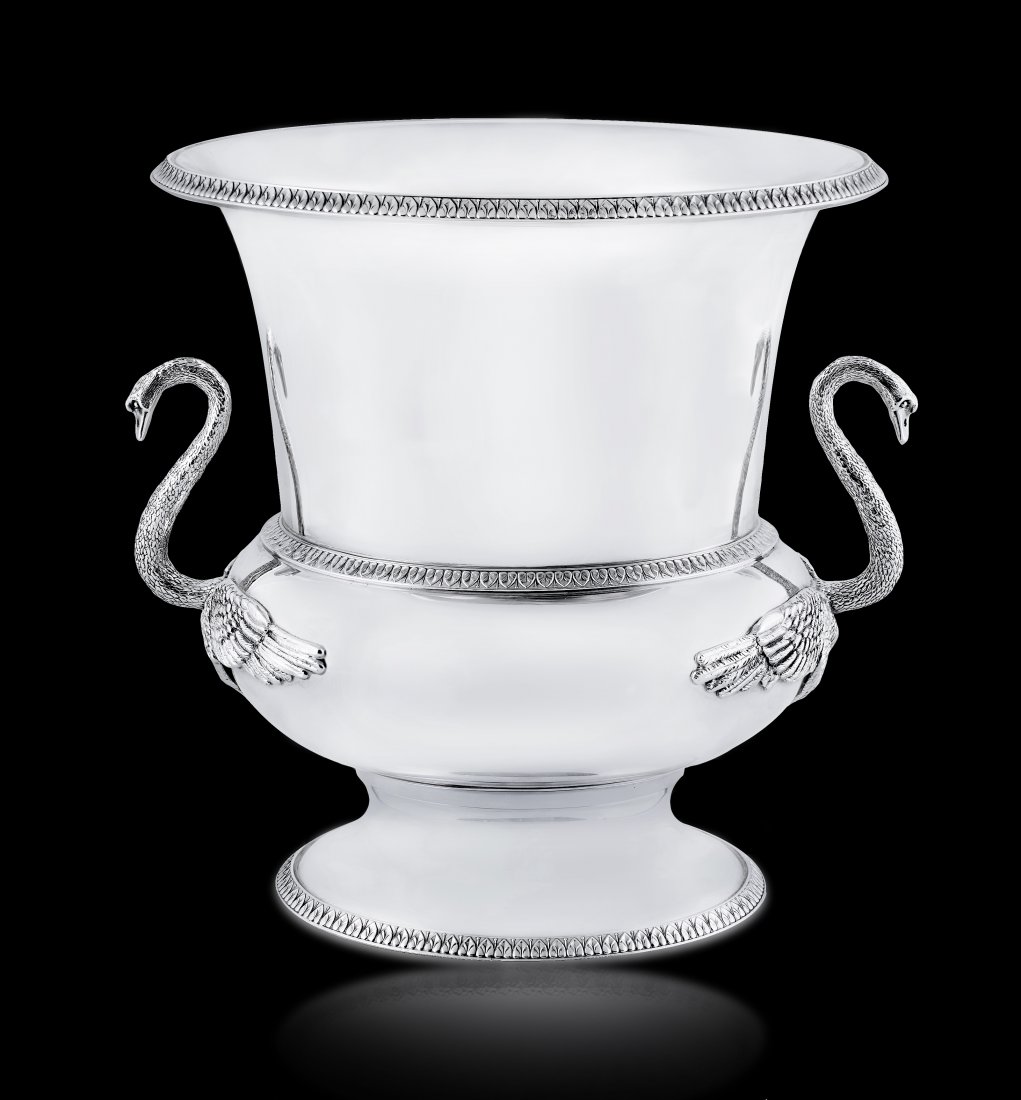 BUCCELLATI STERLING SILVER WINE COOLER: BUCCELLATI STERLING SILVER WINE COOLER of oval form, flanked by swan handles. Height 11 ¼ in.Weighing approximately 2643 grams stamped Buccellati Sterling Italy