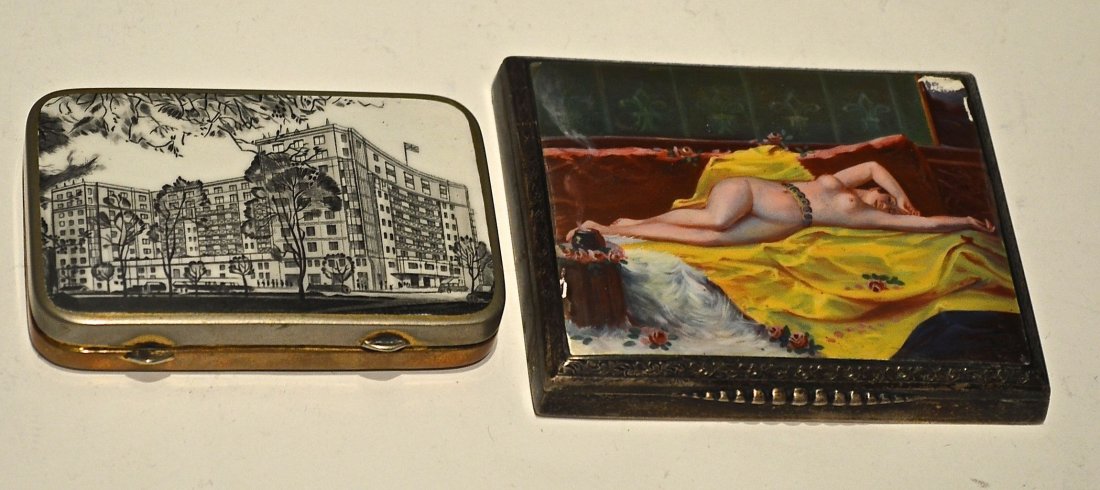 CONTINENTAL SILVER AND ENAMEL BOX: CONTINENTAL SILVER AND ENAMEL BOX. The rectangular hinged cover decorated with multi-color enamel depicting a reclining nude. 3 ½ by 2 ¾ in. Together with a rectangular enamel decorated box. 3 in. b