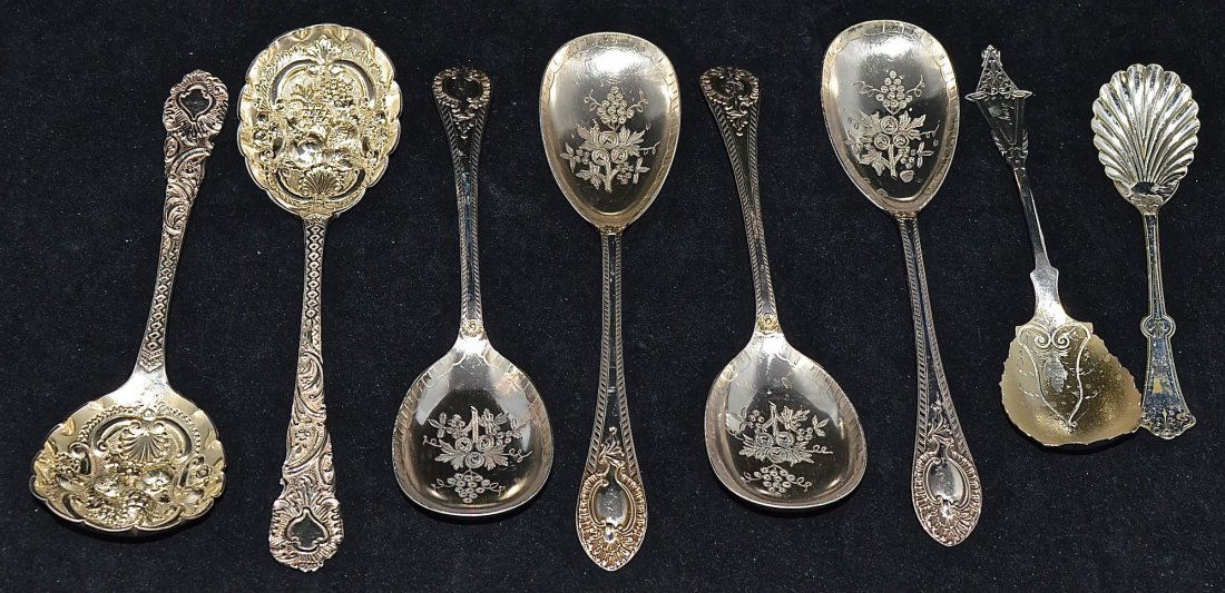 8 PIECES:PAIR ENGLISH GILT-SILVER  BERRY SPOONS(1895-6) (1 of 9)