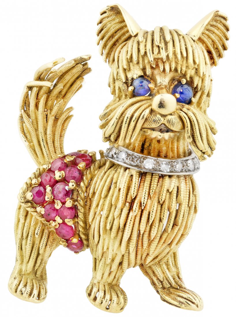 18 KARAT YELLOW GOLD, RUBY,SAPPHIRE and DIAMOND BROOCH (1 of 1)