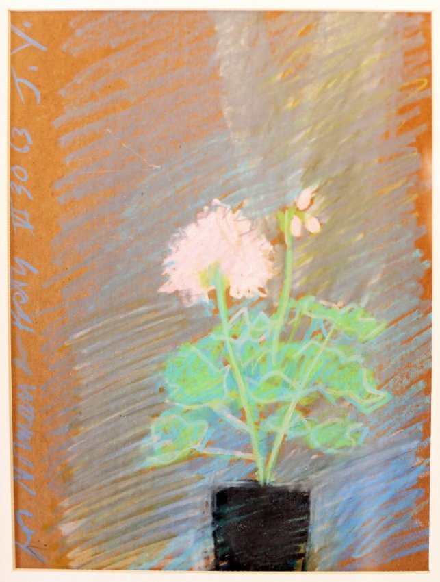 JACK YOUNGERMAN, (AMER. B.1936) GERANIUM, 1963, PASTEL: JACK YOUNGERMAN, (American, B.1936) "Geranium" 1963 dedicated, dated and initialed,"For Norman and Posrty VI 30 '63 J.Y.", on left edgepastels in color on gray board 12 by 8 1/2 in.