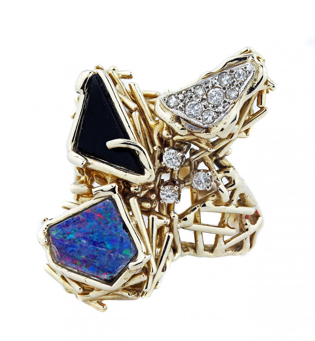 UNUSUAL 14 Karat Gold Opal, Onyx,and Diamond Ring (1 of 1)