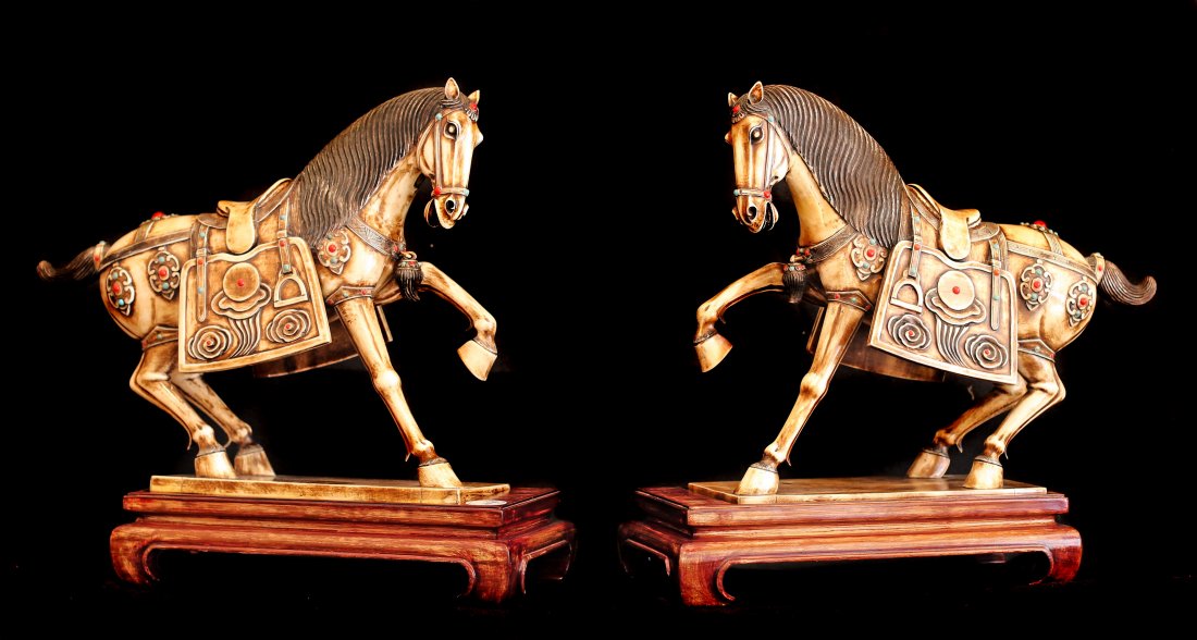 A LARGE PAIR OF TINTED IVORY HORSES, CHINESE (1 of 1)