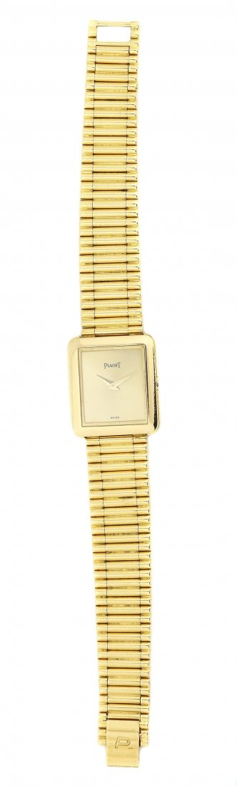 PIAGET, 18 KARAT GOLD WRISTWATCH: Property of a Palm Beach Lady 18 KARAT GOLD WRISTWATCH PIAGET The square dial within a polished gold bezel of conforming shape completed with a gold bracelet , gross weight approximately 34.5 dwts.,qu