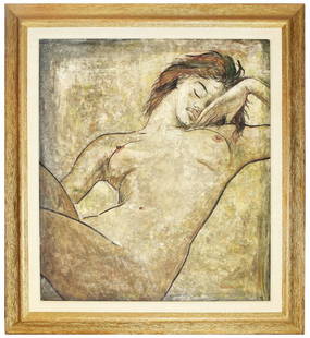 ANGEL BOTELLO (1913-1986): ANGEL BOTELLO (1913-1986) UNTITLED (WOMAN IN REPOSE) signed lower right BOTELLO; inscribed Nº 462 on the reverse oil on wood panel 29.75 by 34 in. 75.56 by 86.36 cm Size with frame 39.5 by 49 in.100.