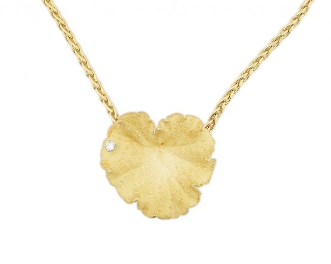 ANDREW GRIMA GOLD & DIAMOND LEAF BROOCH: ANDREW GRIMA GOLD & DIAMOND LEAF BROOCH Modeled as a geranium leaf set in 18 karat gold gr wt approx 10.40 dwts length 9 inches