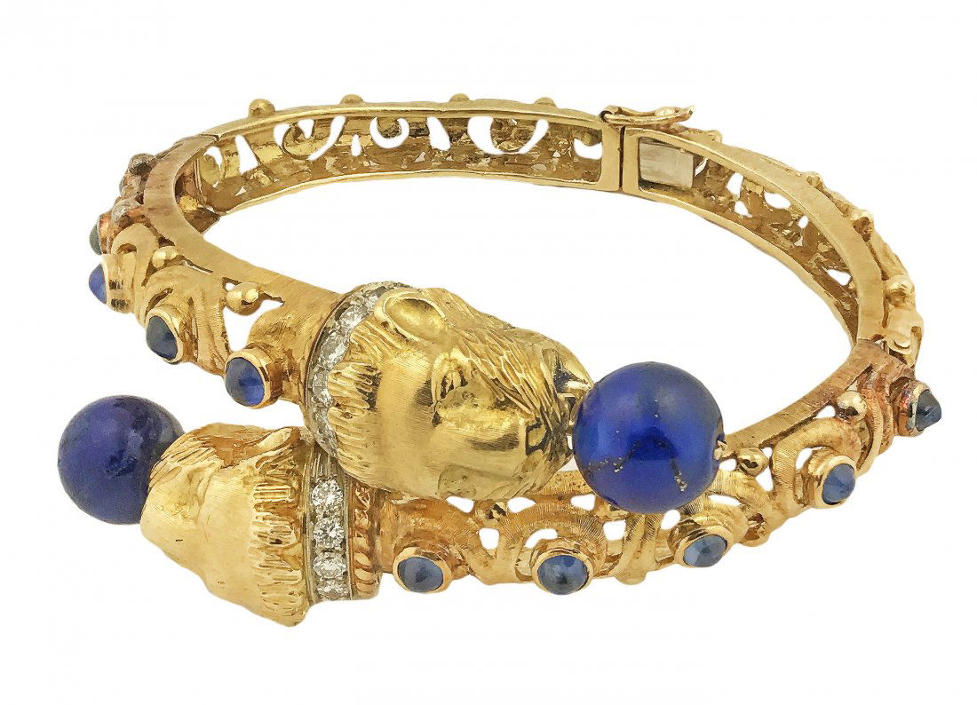18 KARAT GOLD, LAPIS AND DIAMOND BANGLE-BRACELET (1 of 2)