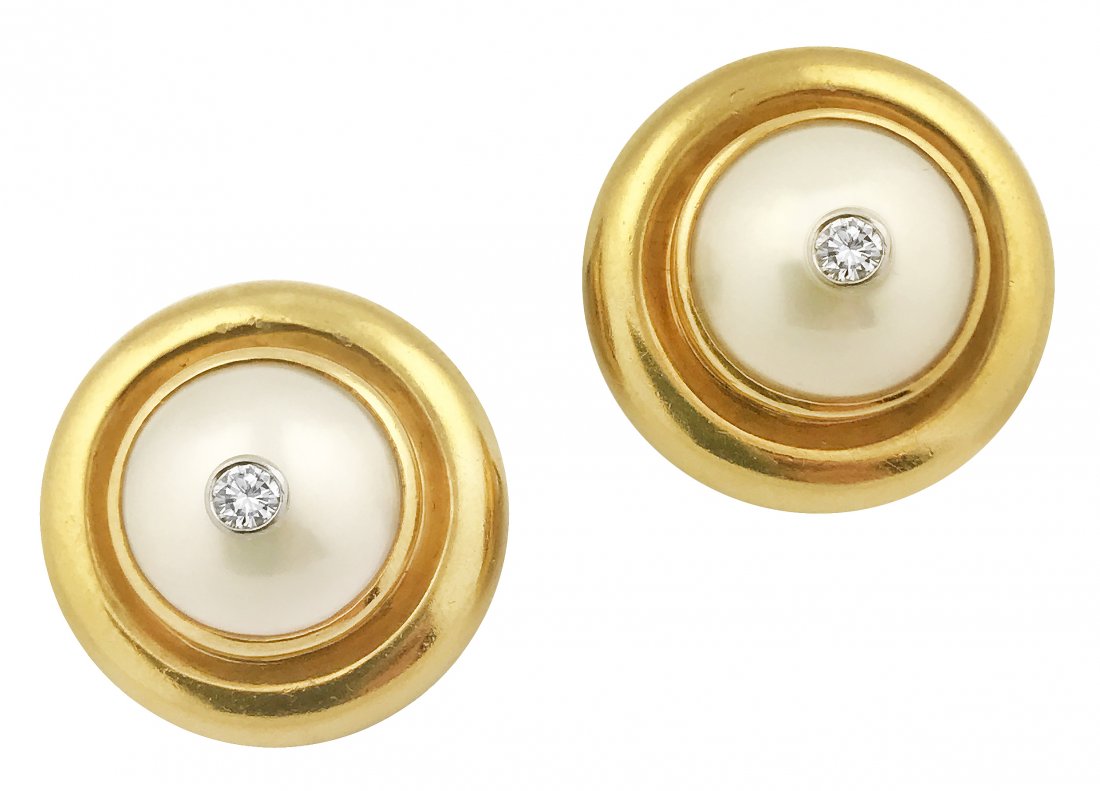 PALOMA PICASSO FOR TIFFANY & CO.: Property of Mr. and Mrs. Michael Scharf Sold to benefit the Palm Beach Synagogue TIFFANY & CO. 18 Karat Gold, Pearl and Diamond Ear Clips, Pearl in gold surround each set with 1 diamond approx .10 cts