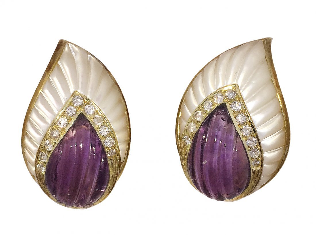 CARVED AMETHYST, DIAMOND AND MOTHER OF PEARL EAR CLIPS (1 of 1)
