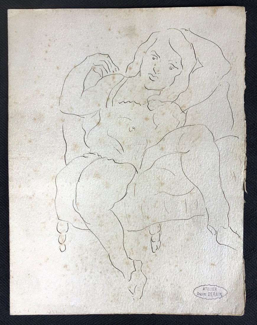 André DERAIN (1880-1954): Property of Danieli Art World Gallery Sold to benefit the Palm Beach Synagogue ANDRE DERAIN (1880-1954) "Lady in chair" stamped 'ATELIER André DERAIN ' (lower right) Drawing Ink/Pencil 5.75 x 7.5 in.