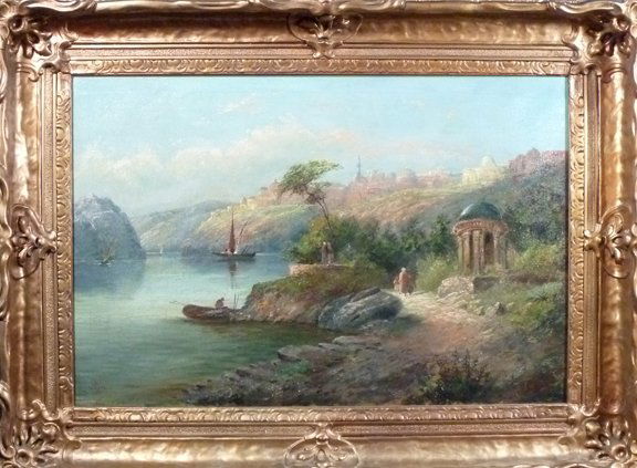 James Baker Pyne (English 1800-1870): James Baker Pyne, (English 1800-1870), "View of Constantinople from the Bosphorus", oil on canvas. 30" x 20".