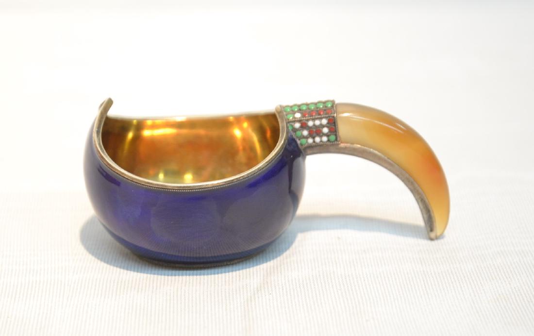 RUSSIAN 84 SILVER & ENAMEL KOVSH WITH AGATE: & JEWELED HANDLE ; WITH FITTED BOX - 3 3/4" x 2" x 1 1/2"