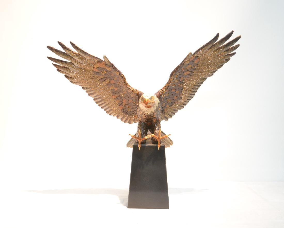 LARGE JAY STRONGWATER , ENAMELED EAGLE: WITH SPREAD WINGS MOUNTED ON STAND ADORNED WITH JEWELED CRYSTALS & ORIGINAL BOX - 22" x 10" x 20"