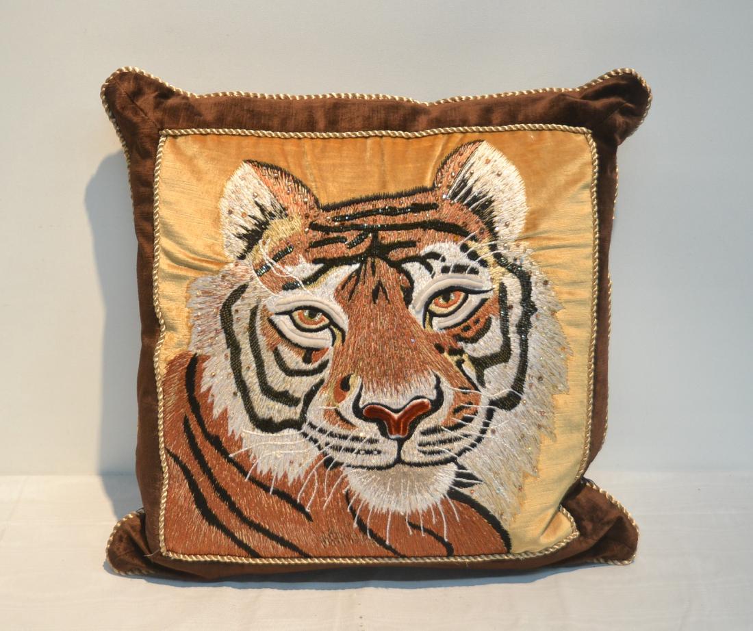 JAY STRONGWATER NATURAL COLOR VELVET TIGER PILLOW: WITH JEWELS & ORIGINAL BOX - 18" x 18"