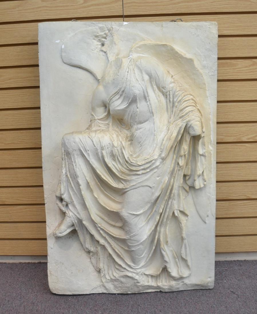 LARGE PLASTER PLAQUE OF GREEK GODDESS NIKE: 23 1/2" x 1 1/2" x 38" (SOME LOSSES)