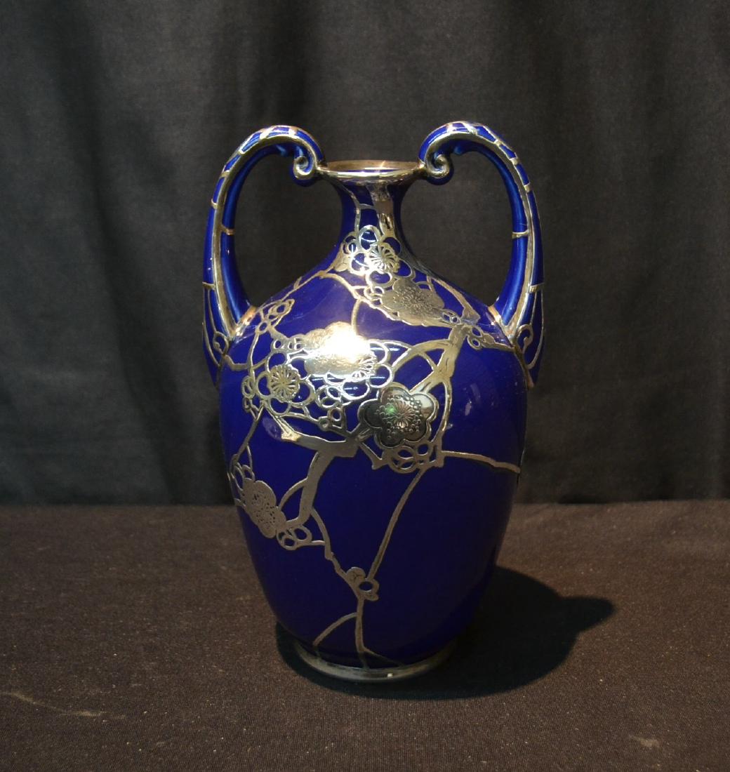 COBALT NIPPON VASE WITH STERLING OVERLAY: 6" x 5" x 8 1/2"