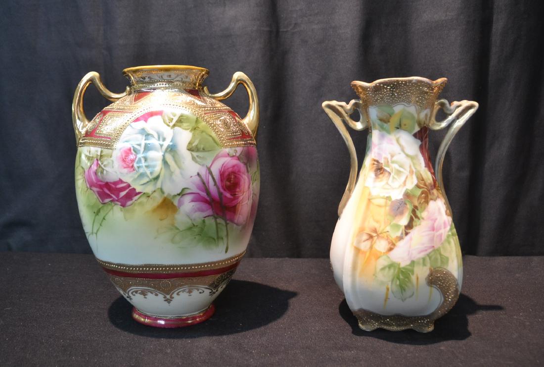 (2) NIPPON HAND PAINTED VASES WITH ROSES: 7" x 10"