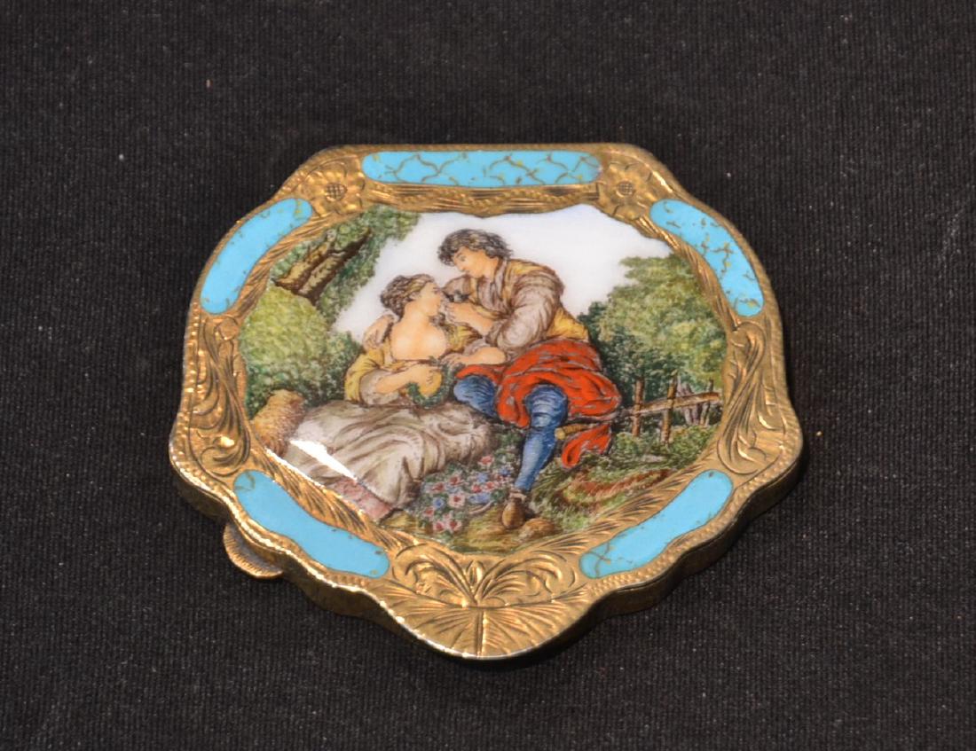 800 SILVER & ENAMEL COMPACT BOX WITH: ENAMELED ROMANTIC SCENE - 3 1/2" x 2"