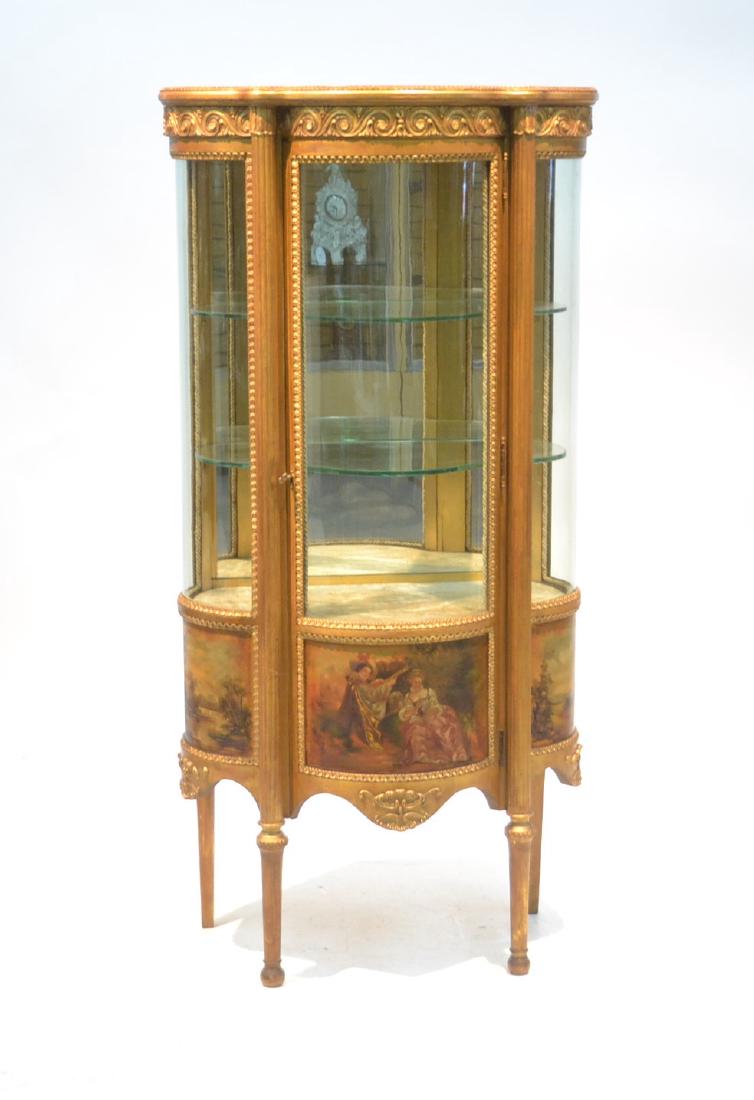 VERNIS MARTIN STYLE CLOVER FORM GILT VITRINE: WITH MUSICAL SCENE DEPICTING MAN & WOMAN WITH MANDOLIN & SHEET MUSIC - 27" x 16" x 56"