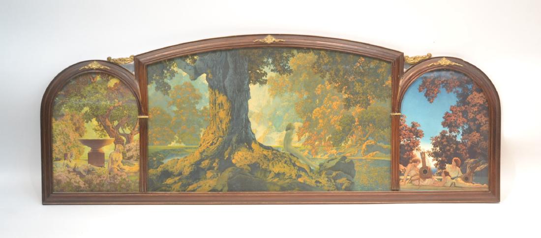 MAXFIELD PARRISH TRIPTYCH LITHOGRAPH: ON PAPER IN ORIGINAL FRAME ; MARKED REINTHAL & NEWMAN , HOUSE OF ART N.Y. ; TRIPTYCH INCLUDES "LUTE PLAYERS" , "REVERIES" & "DREAMING" - 56" x 19 1/2" OVERALL
