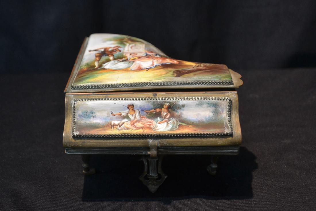 VIENNESE BRONZE & ENAMEL PIANO FORM MUSIC BOX: WITH GROUPING SCENES OF MAN & WOMEN WITH MANDOLIN - 8" OPEN ; 5" x 7" x 3 1/2"