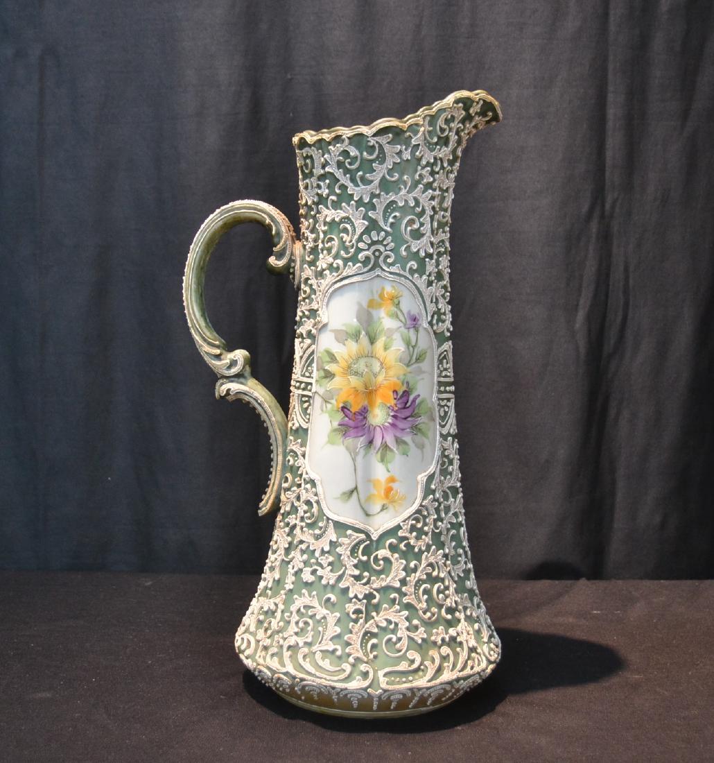 LARGE UNSIGNED NIPPON MORIAGE PITCHER: WITH BEADED MORIAGE OVER JADE COLOR GROUND & HAND PAINTED FLOWERS - 7" x 16"