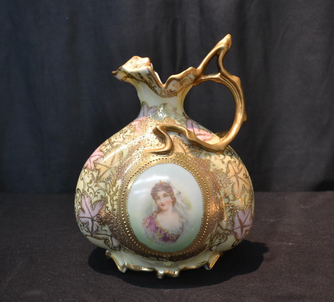 HAND PAINTED NIPPON PORCELAIN PORTRAIT EWER WITH: FEMALE MEDALLION , FLOWERS & GOLD DECORATIONS - 7" x 9"