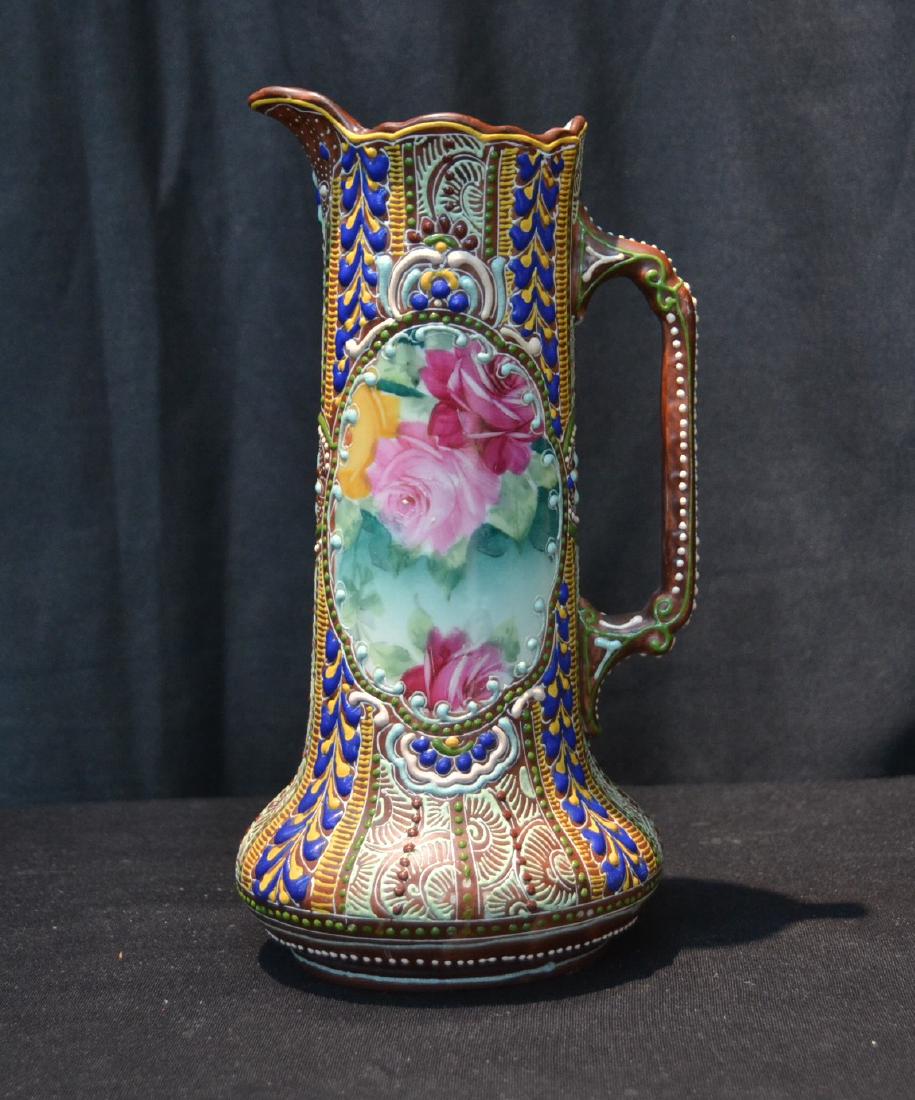 NIPPON PORCELAIN EWER WITH ENAMELED ROSES: 4 1/2" x 9 1/2"