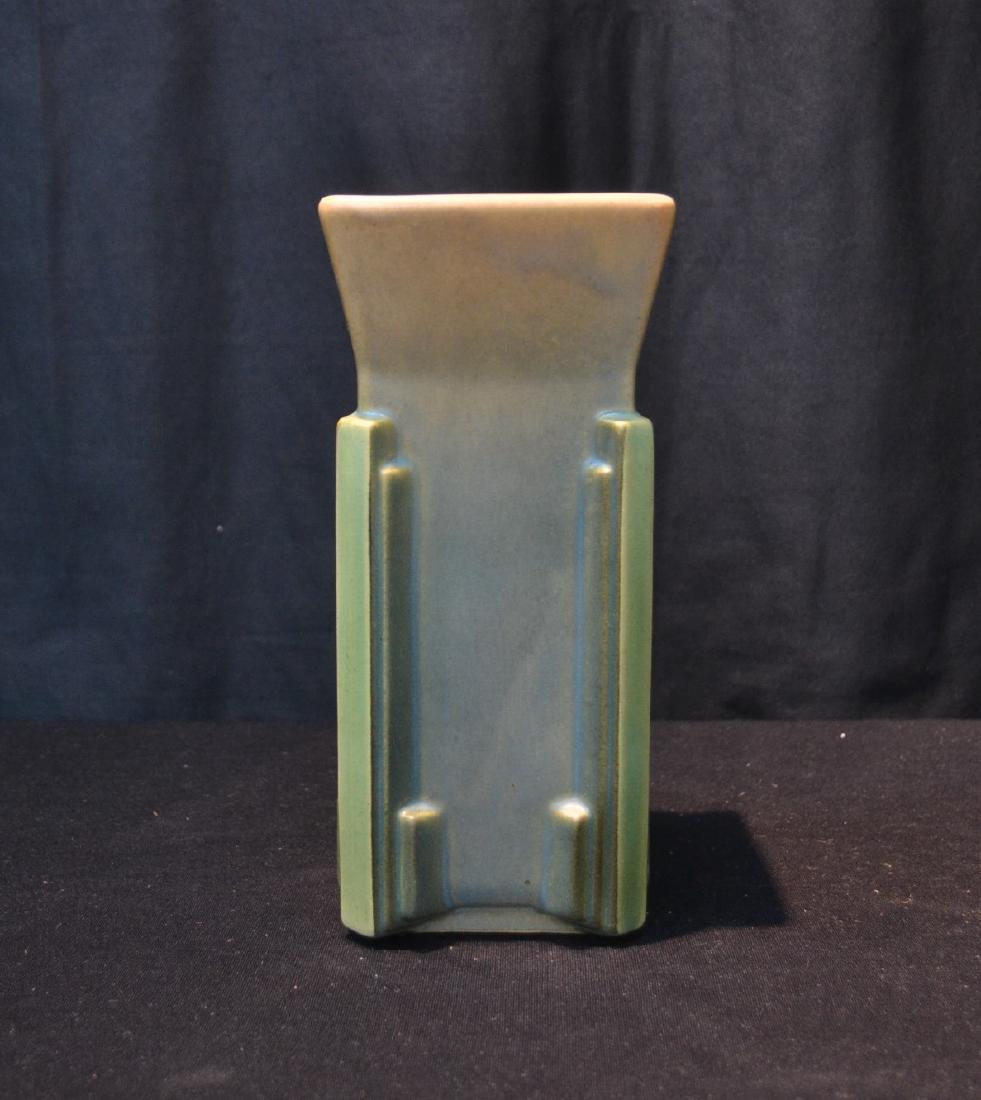 ROSEVILLE POTTERY GREEN FUTURA "MILK CARTON" VASE: ART DECO SHAPE ; 402-8 ; UNMARKED - 4" x 4" x 7"