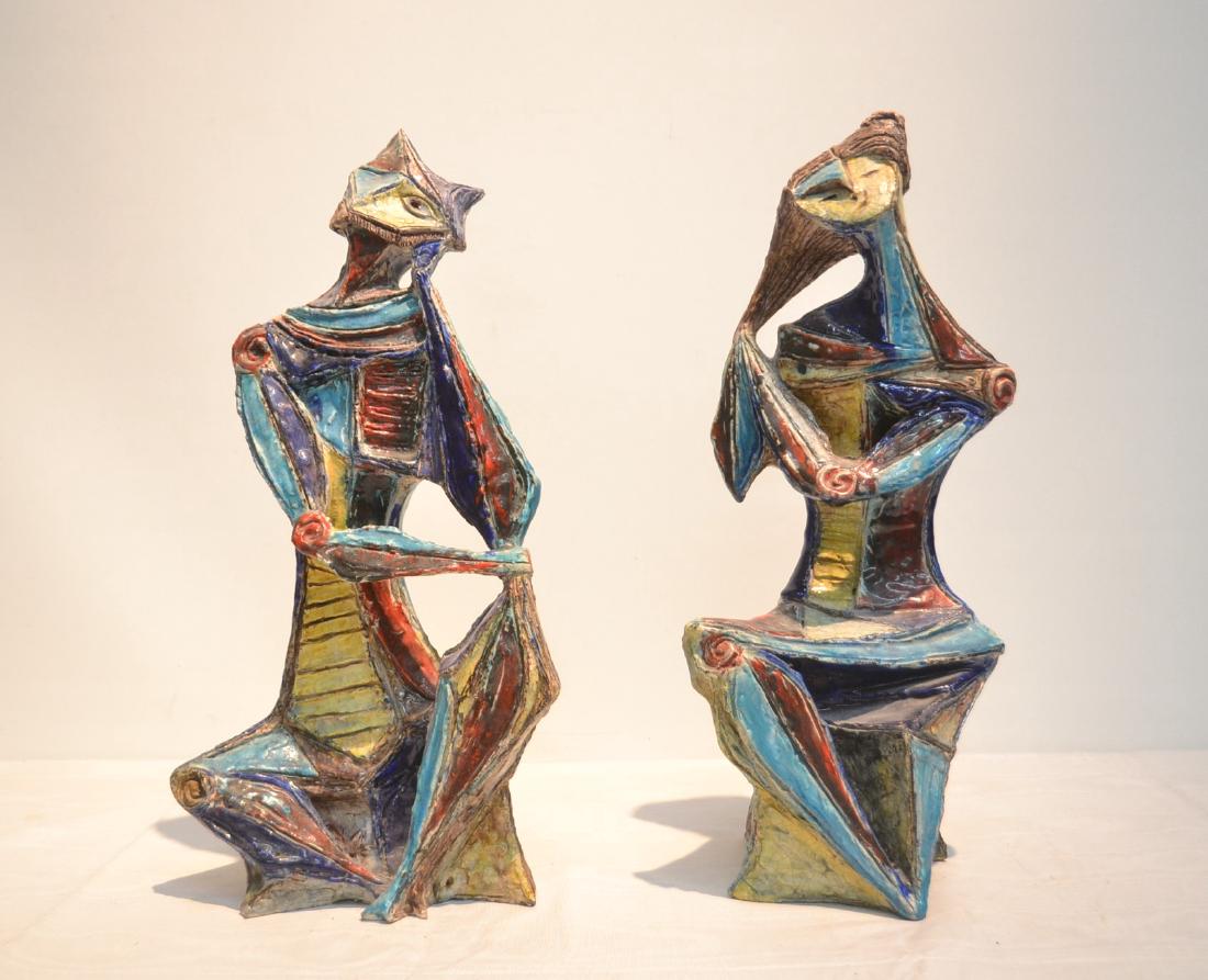 (Pr) MARCELLO FANTONI (ITALIAN, 1915-2001) CUBIST: EARTHENWARE FIGURES OF MAN & WOMAN ; ONE FIGURE SIGNED - 9" x 19" (ONE RESTORED ON NECK & ARM)