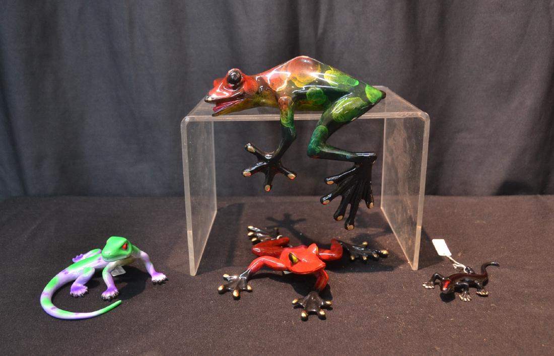 (4) BARRY STEIN ENAMELED BRONZE FROGS & LIZARDS: INCLUDING KOOKLA , OREN, ROUND LIZARD & SMALL LIZARD - LARGEST IS 7" x 5"