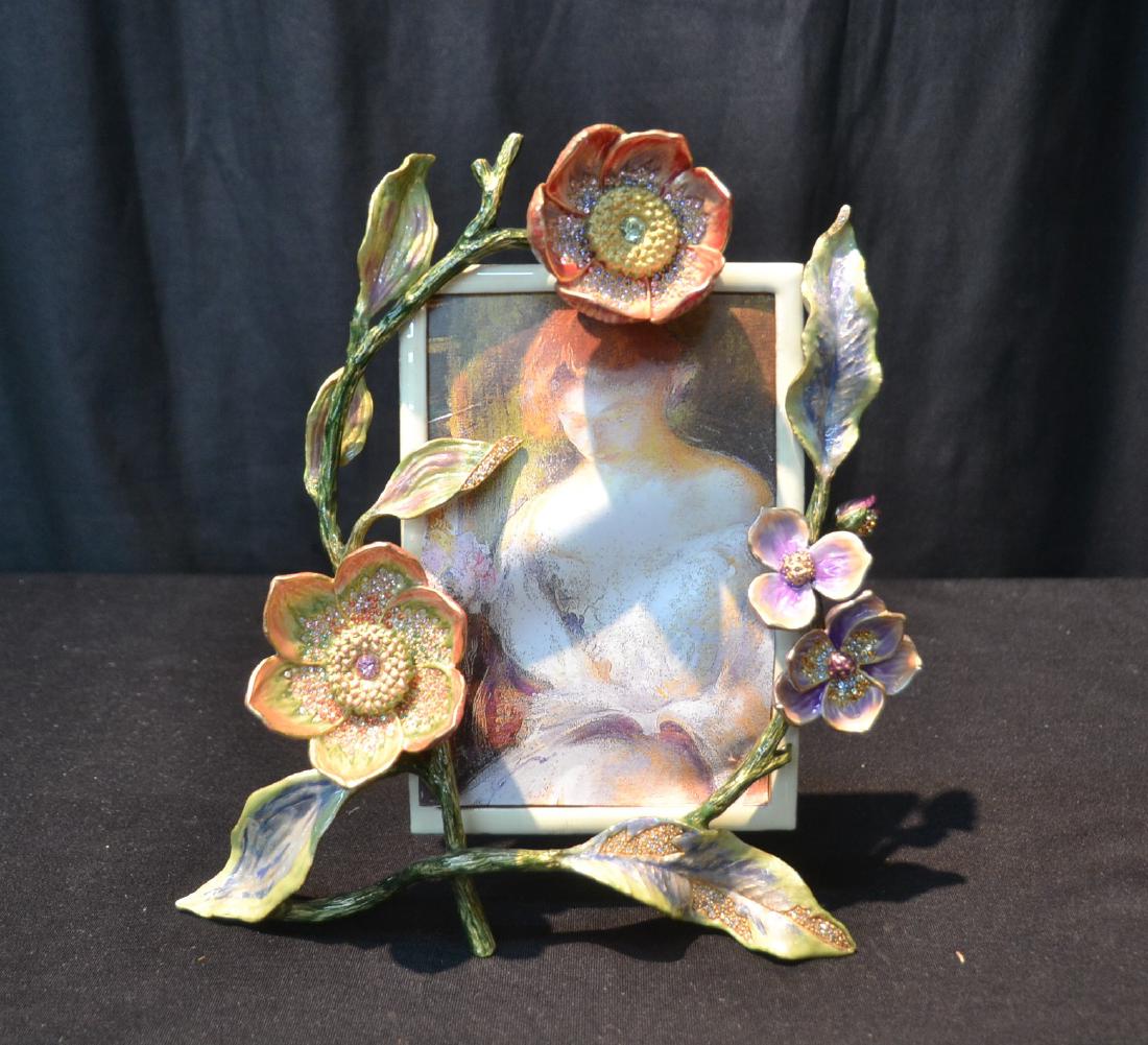 JAY STRONGWATER ENAMELED BRONZE BOUQUET FRAME: WITH LARGE FLOWERS (NO GLASS) ; (NEW IN BOX) PHOTO SIZE IS 4" x 6" ; OVERALL IS 8" x 9"