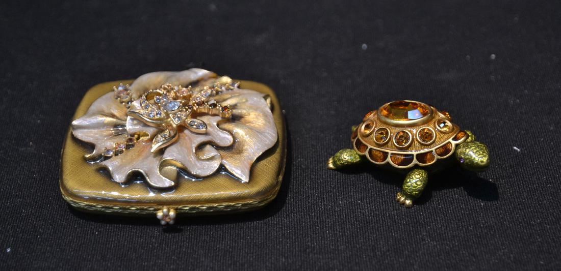 JAY STRONGWATER ENAMELED BRONZE COMPACT &: OCTOBER TURTLE BOX - COMPACT IS 2 1/4" x 2 1/4' ; TURTLE IS 1 3/4" (NEW IN BOXES)