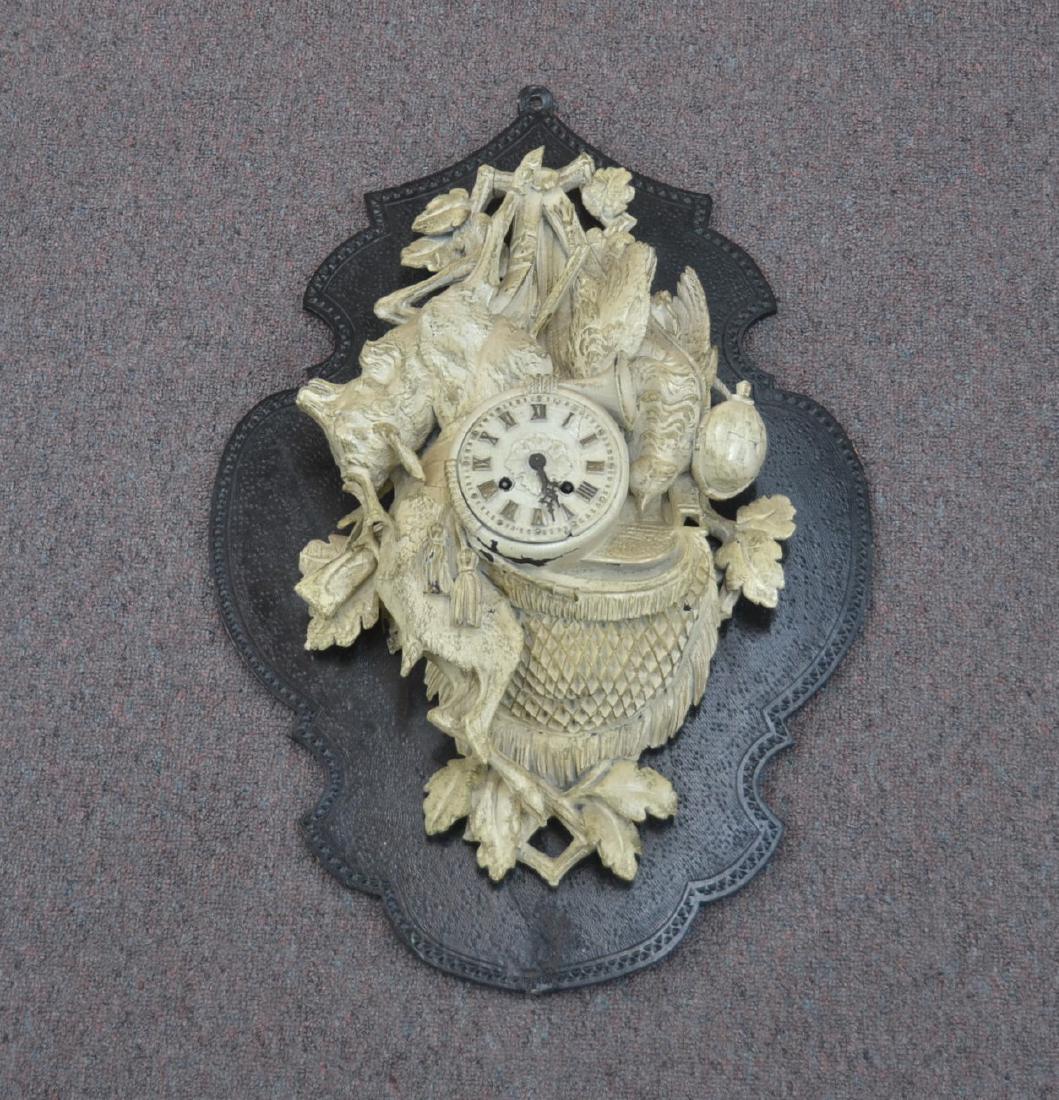 PAINT DECORATED BLACK FOREST CARVED GAME CLOCK: WITH JAPY FRERES MOVEMENT - 17" x 4 1/2" x 24"