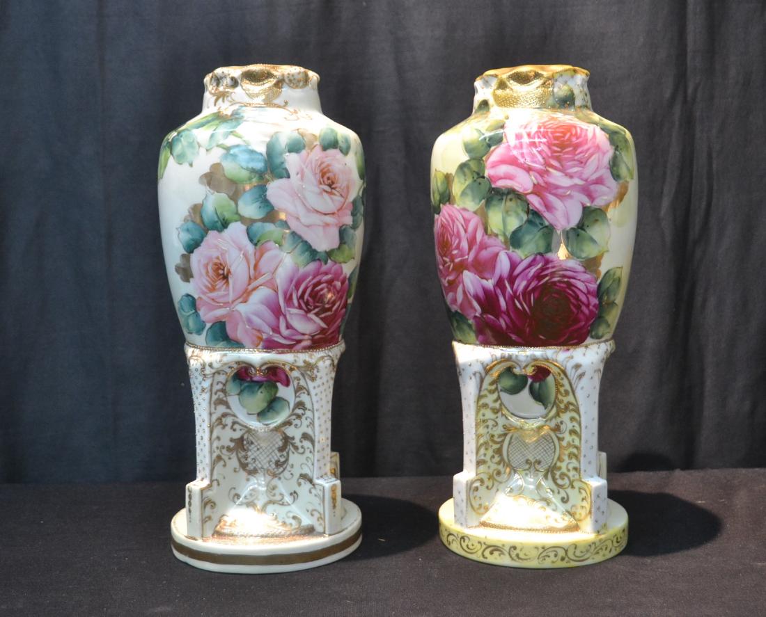 (Pr) NIPPON PORCELAIN VASES WITH LARGE ROSES &: GOLD DECORATIONS - 6" x 14 1/2"