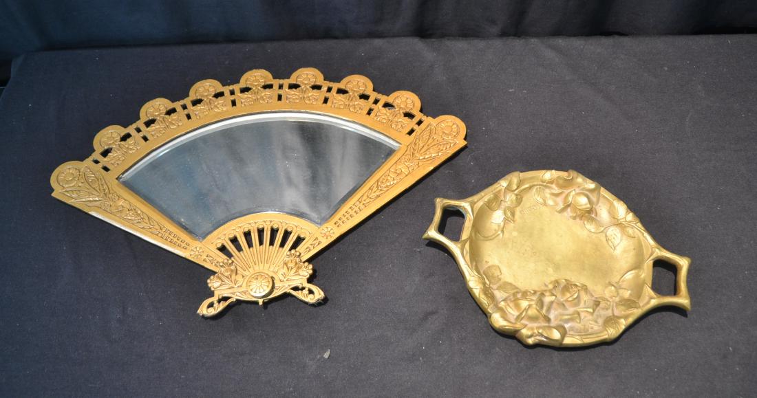 BRONZE BOWL ; SIGNED C. CHARLES & BRONZE: FAN FORM MIRROR - MIRROR IS 21" x 13"