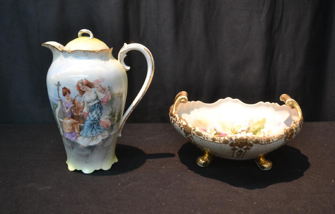 BAVARIAN CHOCOLATE POT & HAND PAINTED NIPPON: FRUIT BOWL - LARGEST IS 6 1/2" x 9 1/2"