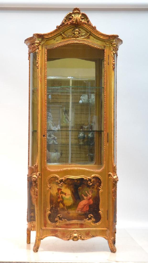 TALL HAND PAINTED VERNIS MARTIN GILT VITRINE CURIO: WITH SCENES DEPICTING GIRL ON SWING , LANDSCAPE ON SIDES WITH CHERUB MASKS MOUNTS - 24" x 14" x 70"