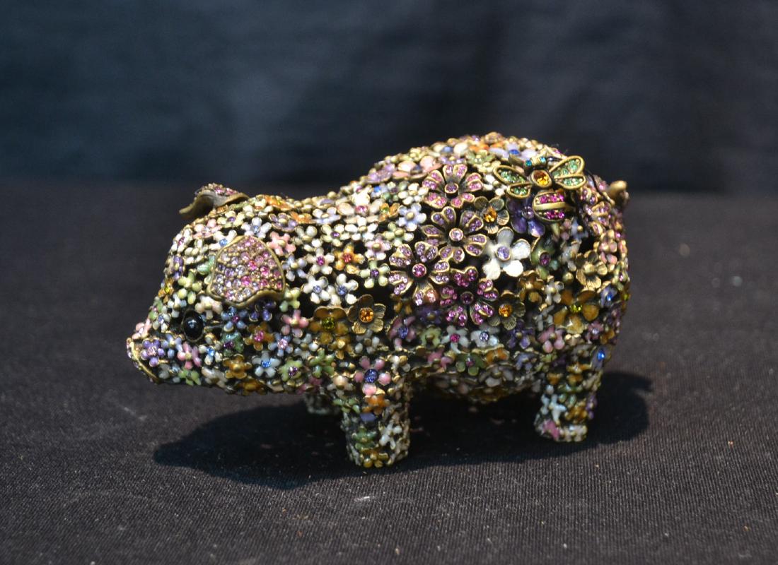 JAY STRONGWATER ENAMELED BRONZE FLORAL PIG: 2 1/4" x 5" x 3"
