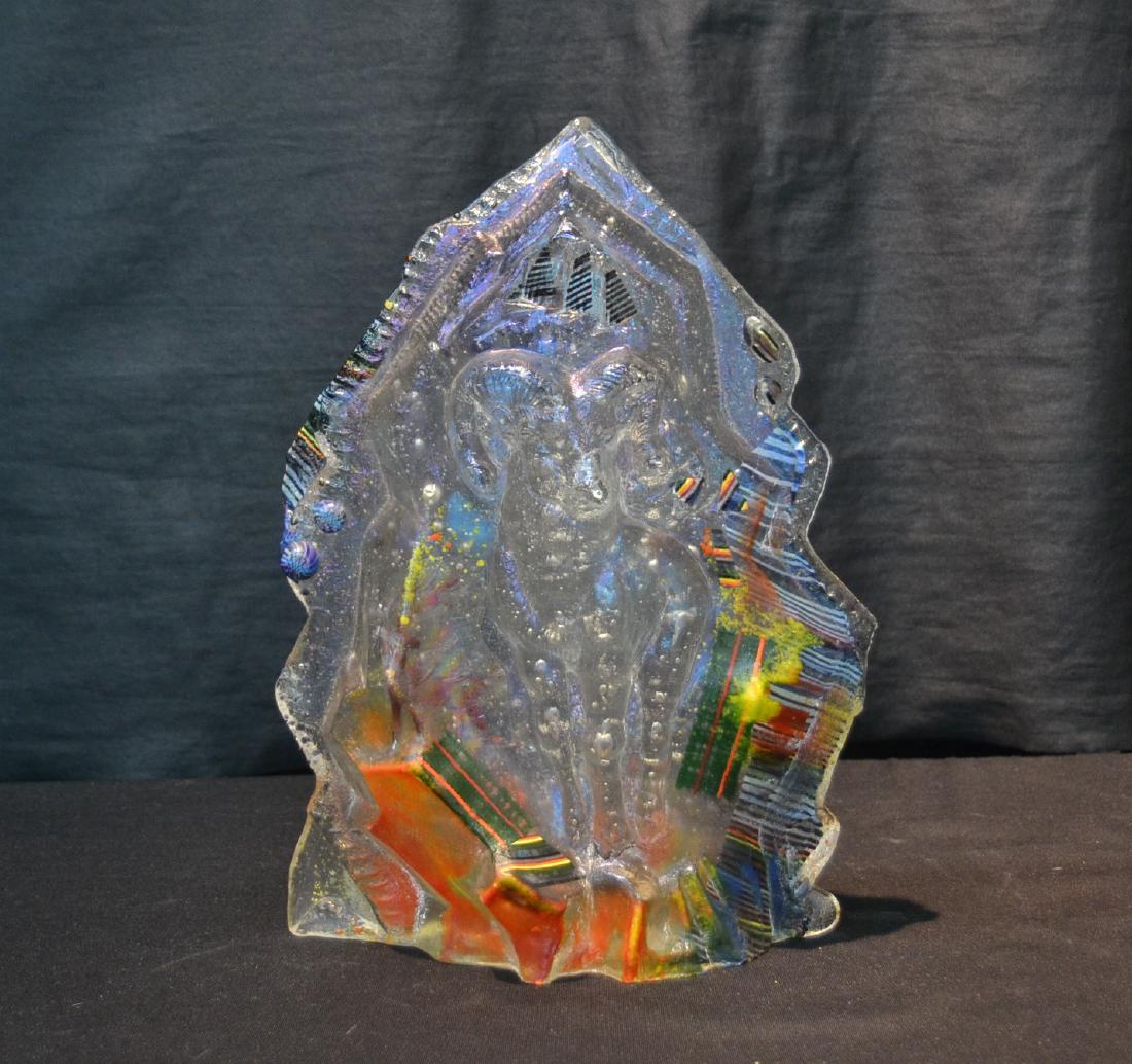 LESLIE ROWE ISRAELSON CAST GLASS SCULPTURE: OF RAM , WITH PAINTED DECORATIONS ; SIGNED ON BACK - 13" TALL