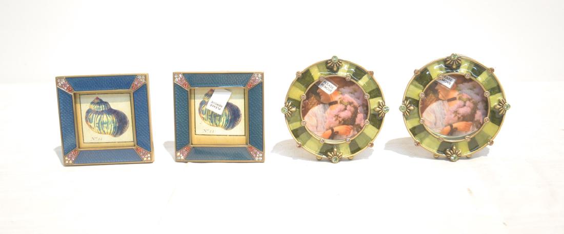 (4) JAY STRONGWATER ENAMELED BRONZE FRAMES: INCLUDING (2) LELAND OCEANA SQUARE FRAMES - 2" ; (2) AGATHA FOREST 2" ROUND FRAMES ; WITH ORIGINAL FRAMES