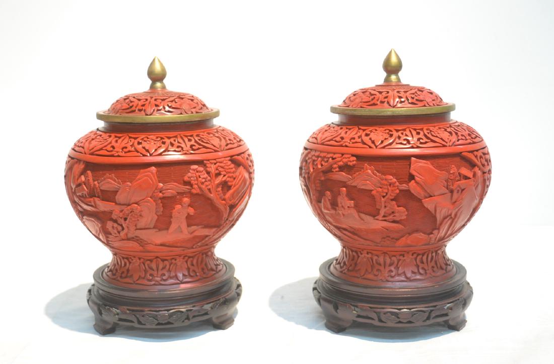 (Pr) CINNABAR COVERED GINGER JARS WITH: FIGURAL LANDSCAPE SCENES - 5 1/2" x 8"