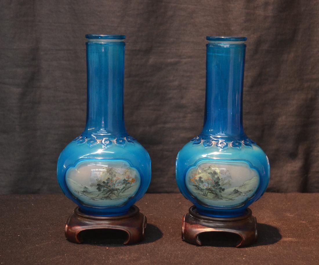 (Pr) REVERSE PAINTED TURQUOISE VASES WITH: SCENES OF LANDSCAPES , FISH & BIRDS - 4" x 8"
